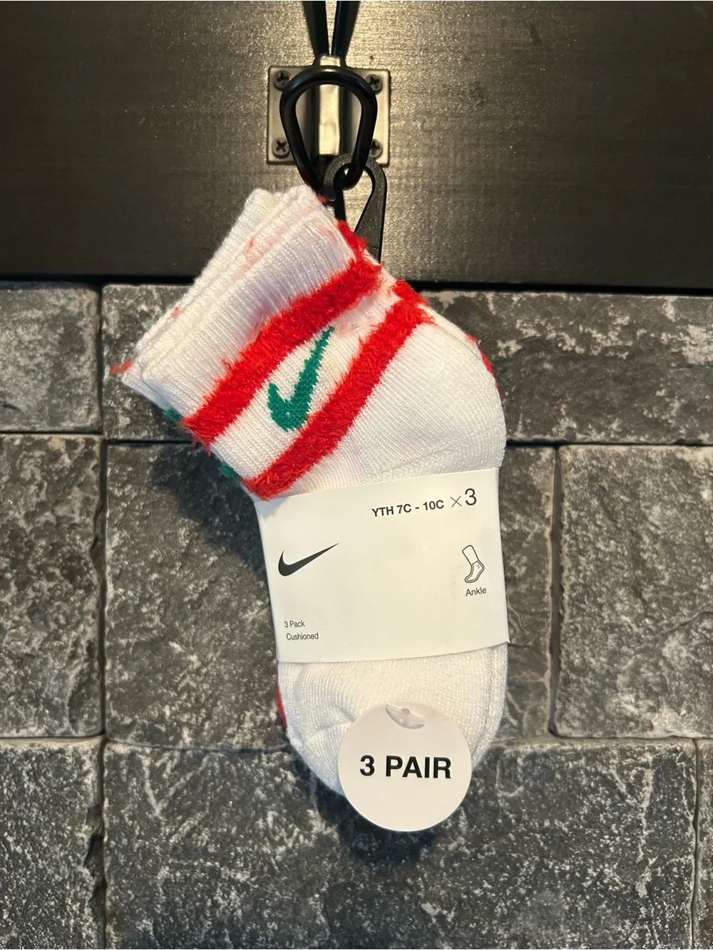 Nike Kids Ankle Socks - White with Red Stripes and Green Swoosh (3-Pack)